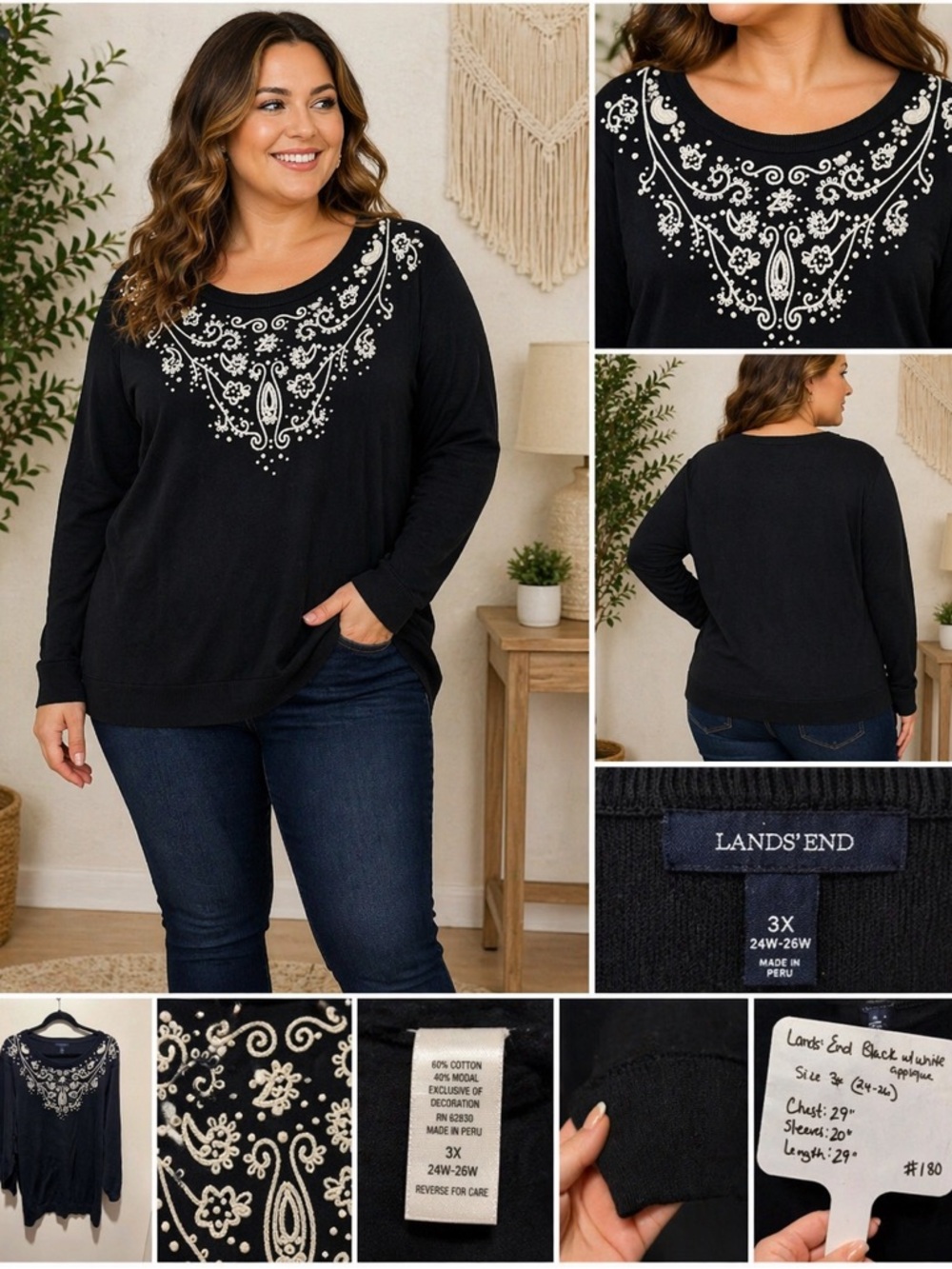 Lands End Black Sweater 3X 24W 26W Embroidered Pullover Long Sleeve professiona